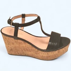 Kate Spade Platform Wedge Sandals Black Patent Leather T-Strap Cork Heel Sz-5.5